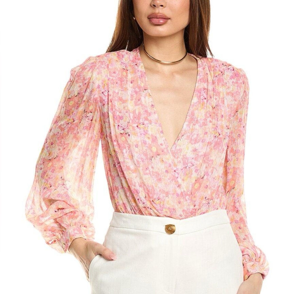 ROCOCO SAND Faye Pink Metallic Floral Wrap Bodysuit - Picture 2 of 10